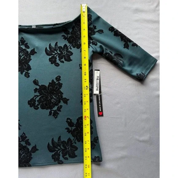 Philosophi L A Top Women Large Green Black Floral Velvet Burnout Off Shoulder - Picture 3 of 14